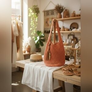 Woven Hobo Shoulder Bag in Terracotta - Unbranded